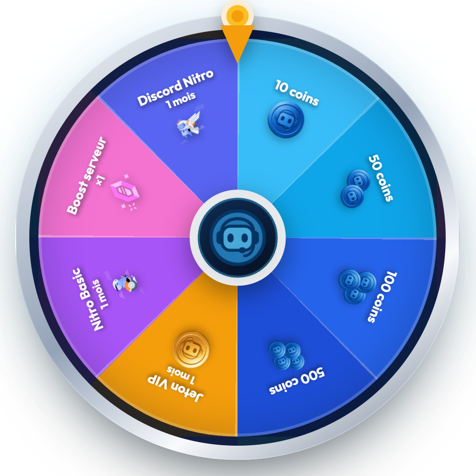 Capture de la roue de la fortune du dashboard AllBot avec ses huit récompenses : coins, jeton VIP, Nitro Basic, boost de serveur et Discord Nitro